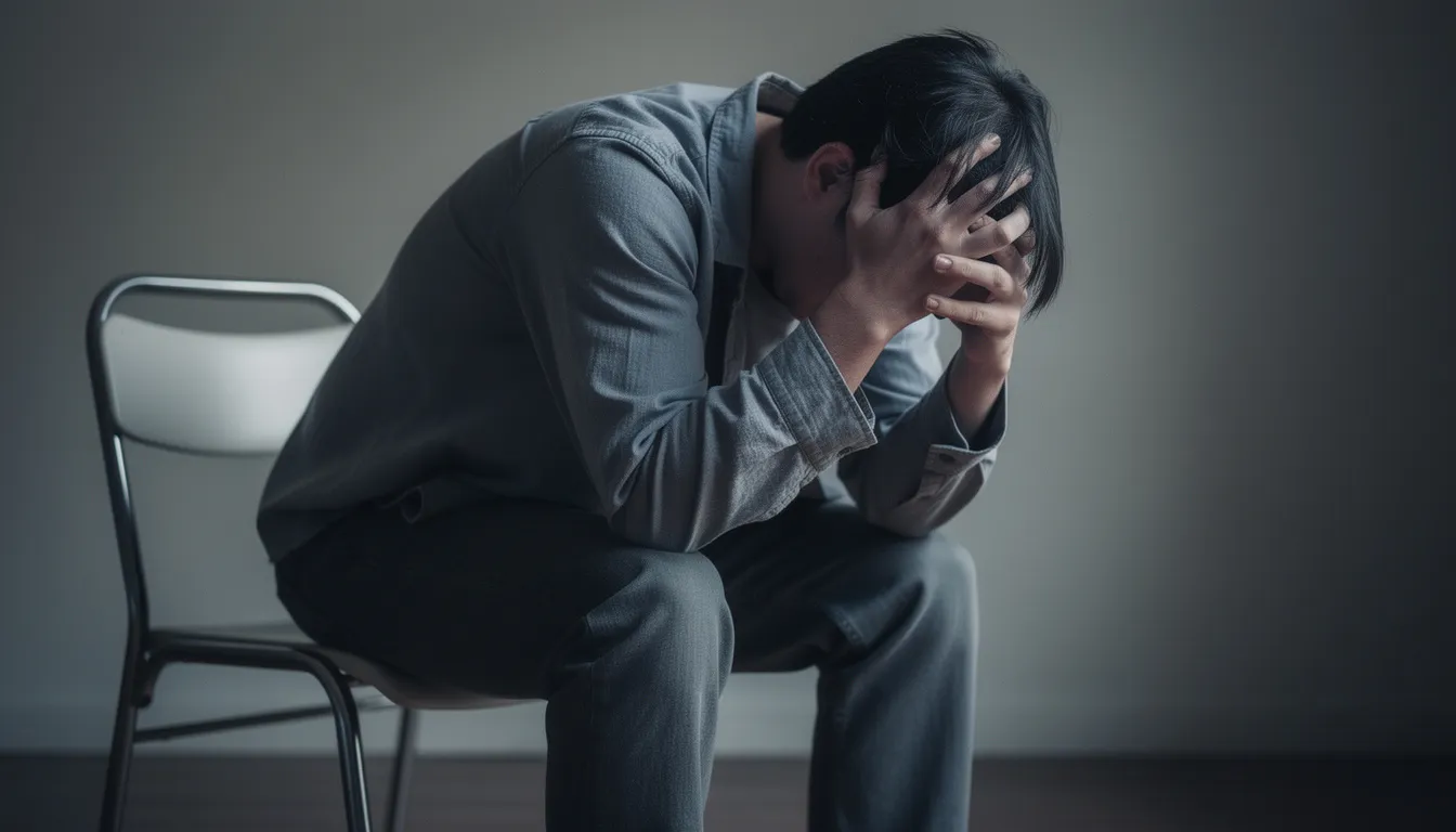 The image depicts a person sitting with their head in their hands, exuding a sense of fatigue and distress, possibly indicating the emotional challenges faced by those dealing with a traumatic brain injury or severe head injury. This scene may resonate with car accident victims or individuals experiencing symptoms like persistent headaches and mood swings following a brain injury.