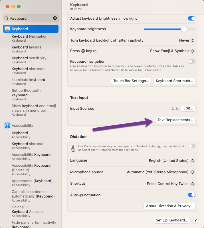 Image of Mac system preferences showing the Text Replacement option