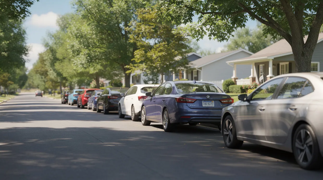 A row of parked cars lines a quiet residential street, flanked by lush trees and quaint houses in the background, creating a serene neighborhood atmosphere. This scene captures the essence of street parking options, reminiscent of the peaceful surroundings near Glasgow Airport.