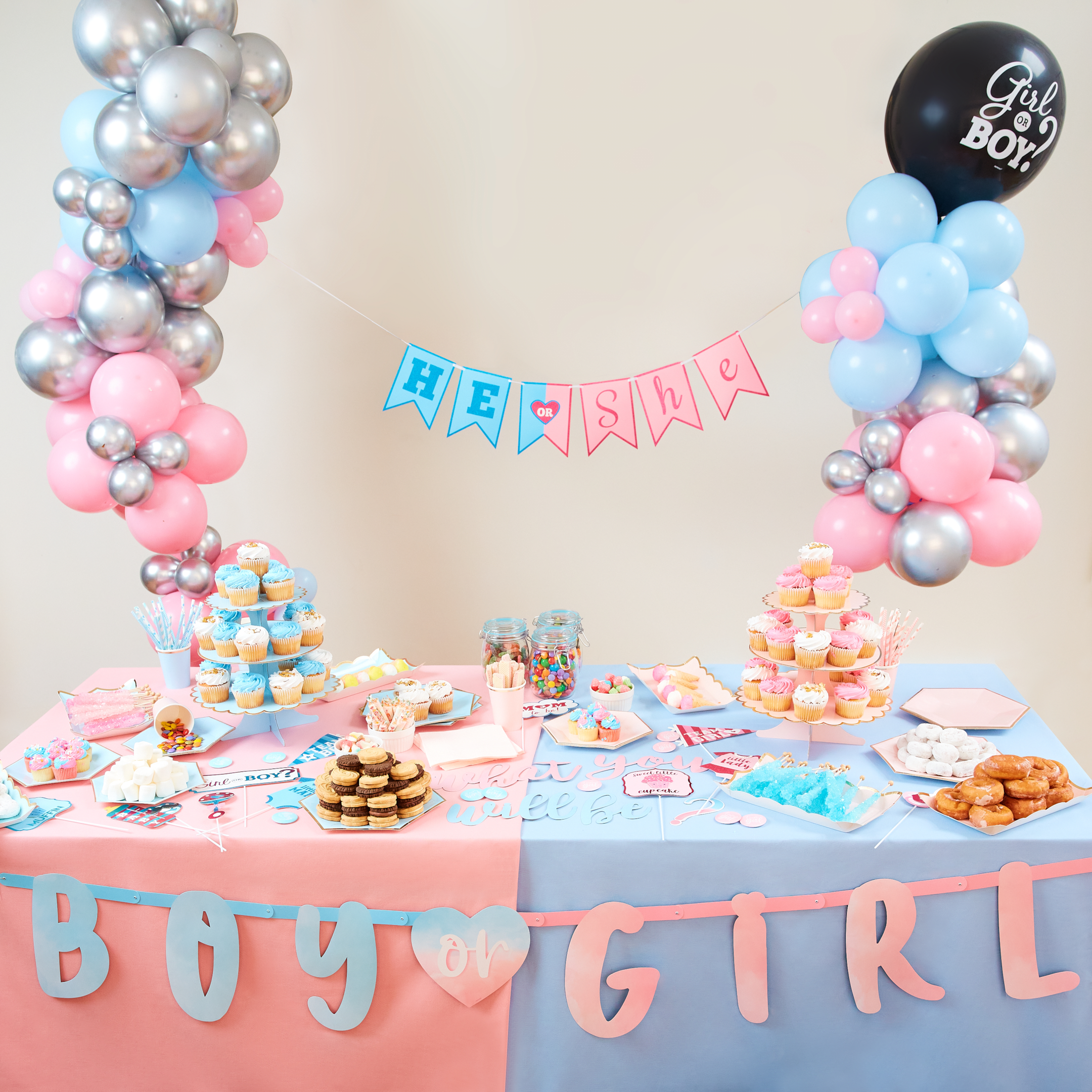 Gender Reveal Party Decorations Ideas with sweet table blue and pink.