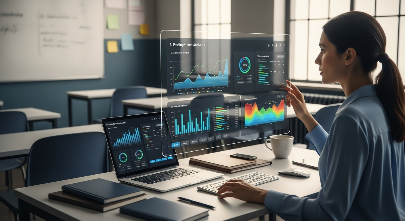 Teacher analyzing class performance trends using AI-powered grading analytics.