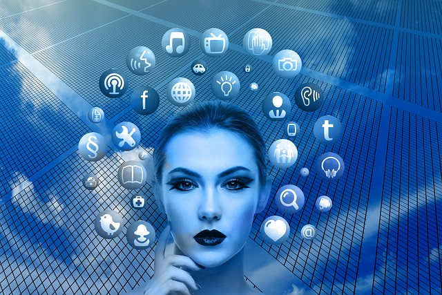 A woman's face with a bubbles of social media icons floating around her head on a sky background