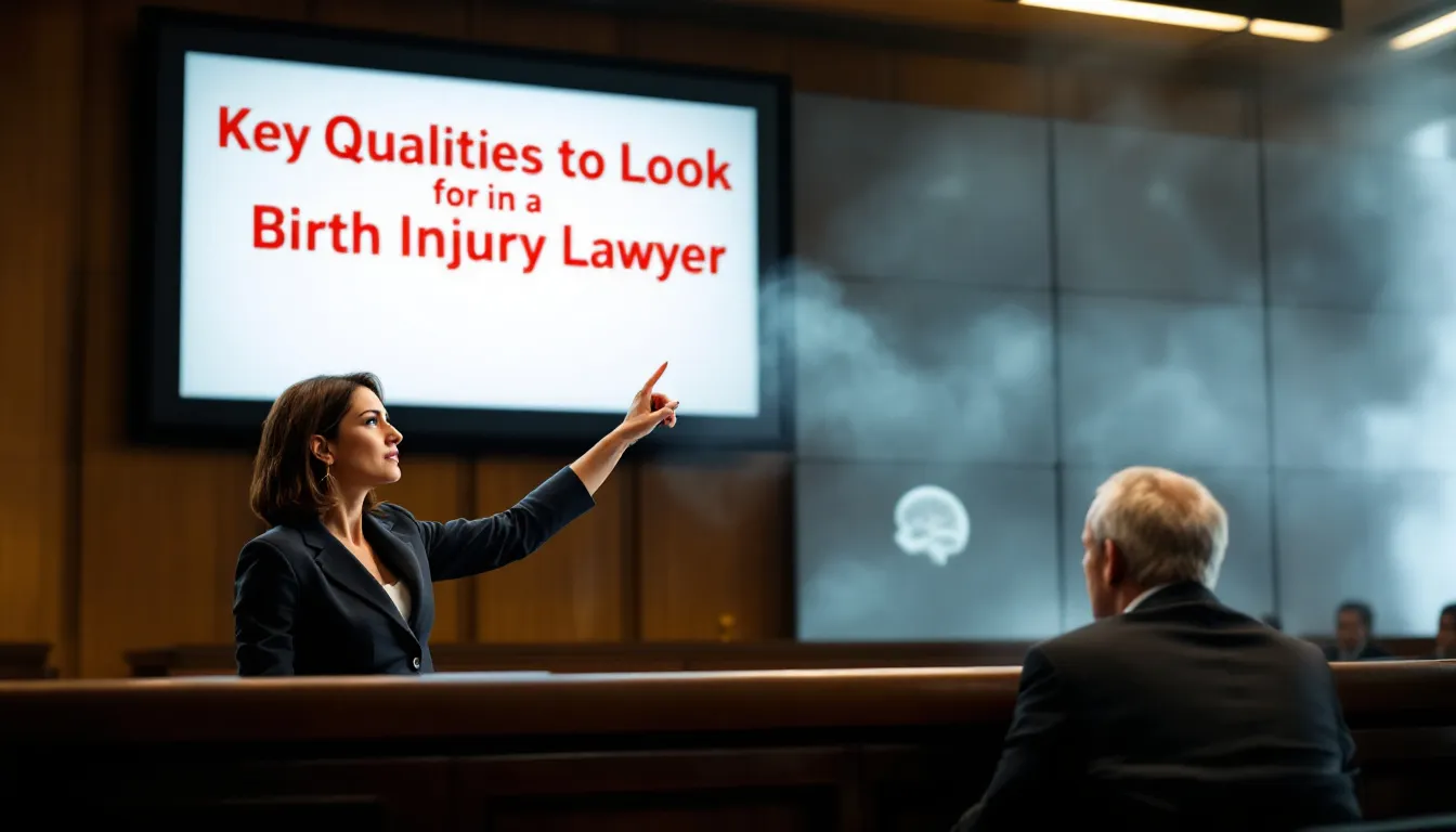 A visual guide showing key qualities to look for in a birth injury lawyer, including experience and expertise.