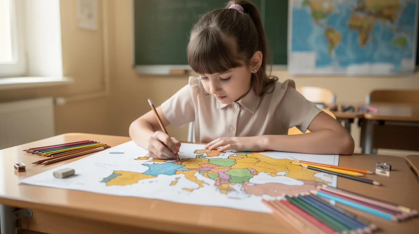 Uczennica rysuje kolorową mapę konturową Europy na dużym arkuszu papieru, używając kolorowych kredek. W tle widać różnorodne elementy, które mogą odnosić się do środowiska przyrodniczego i ludności Europy, takich jak góry, morze Śródziemne oraz wyspy.
