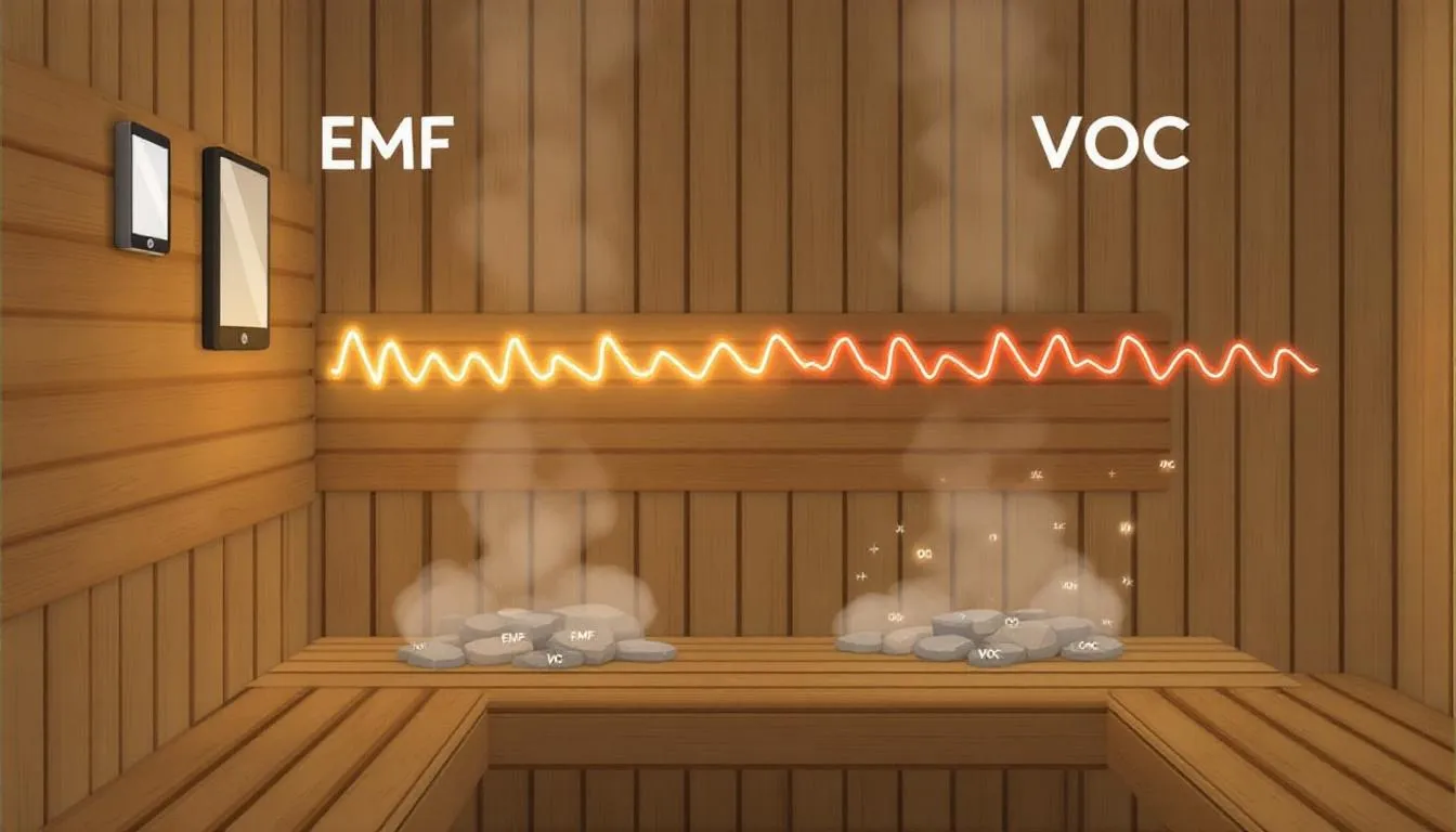 An illustration showcasing the concept of EMF and VOC in home saunas.