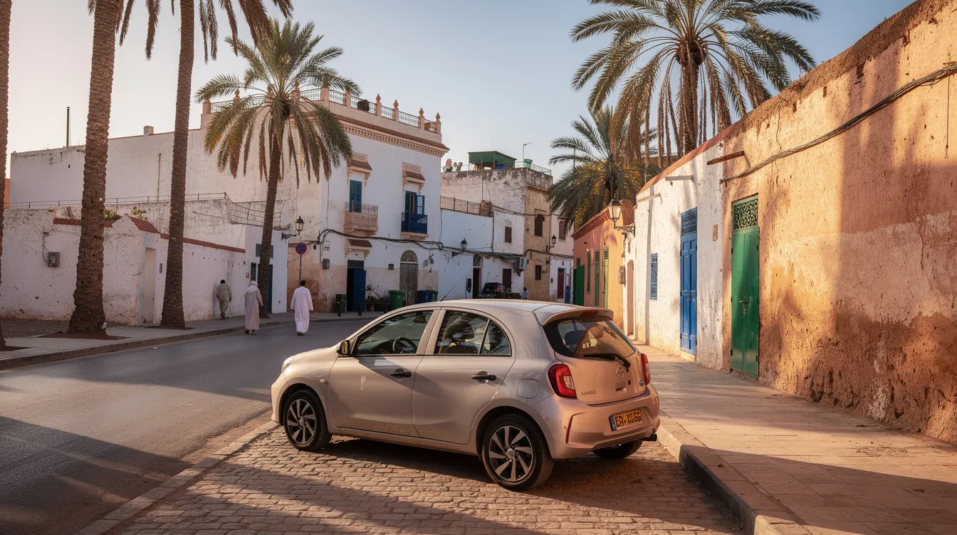Un'auto compatta è parcheggiata in una tipica strada marocchina, circondata da palme e edifici bianchi, creando un'atmosfera caratteristica di Tangeri. Questa scena rappresenta un'ottima opportunità per il noleggio auto e furgoni, ideale per esplorare le bellezze del Marocco.