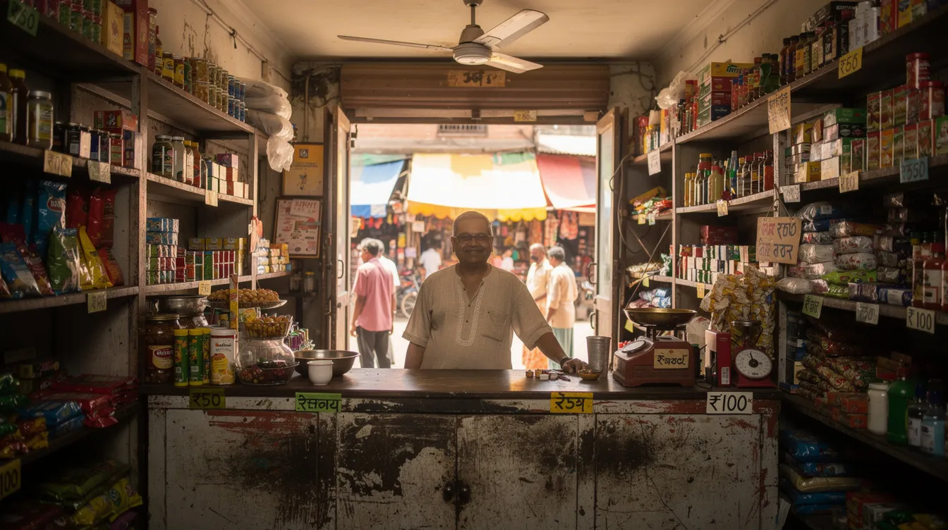db149ebf 54eb 4751 89f5 a4d683d8cc5c A small business owner stands behind the counter of a bustling local shop in India, engaging with customers and managing transactions. The vibrant atmosphere reflects the entrepreneurial spirit of small enterprises, highlighting the importance of financial assistance and micro finance institutions in supporting local businesses.