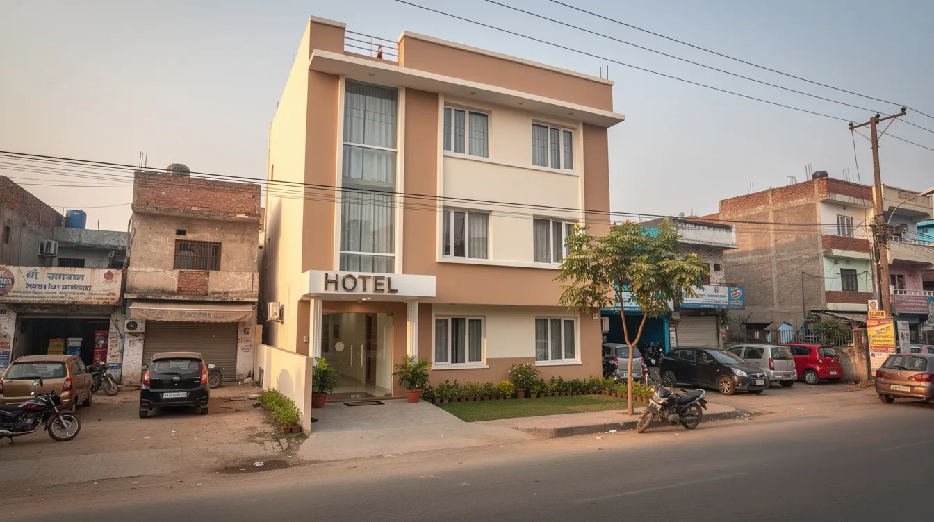 db14df70 03e1 415c 832f e311cc9072b9 The image depicts the exterior of a small budget hotel in a tier-two Indian city, showcasing a clean facade complemented by well-maintained landscaping. This hotel represents an opportunity for entrepreneurs in the hospitality sector, highlighting the importance of financial health and project appraisal in the context of small and medium enterprises.