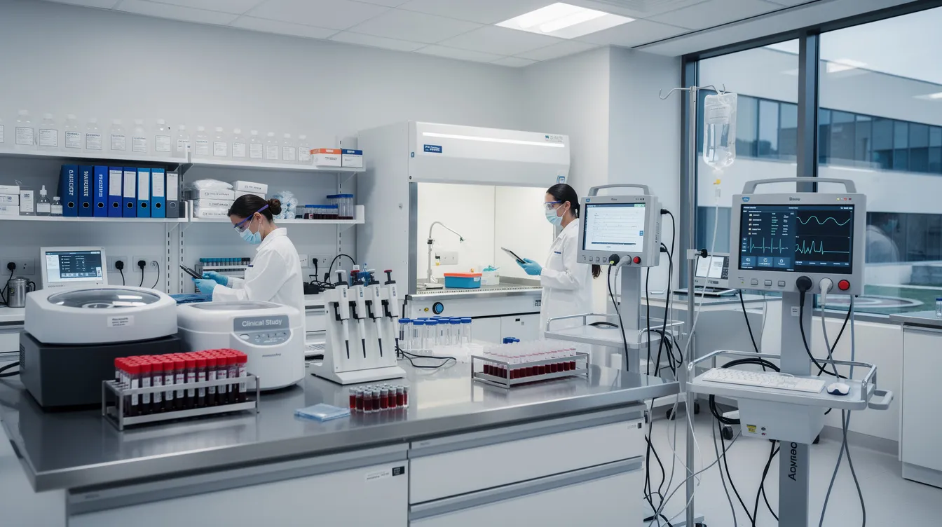 The image depicts a medical research laboratory equipped with clinical trial equipment, where researchers are conducting studies on prescription medications aimed at weight loss and metabolic health. This setting highlights the importance of FDA approval and the rigorous processes involved in testing new drugs for safety and efficacy.