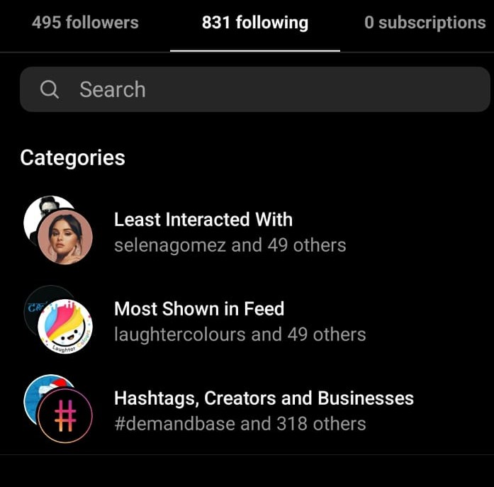 Instagram categories in following list