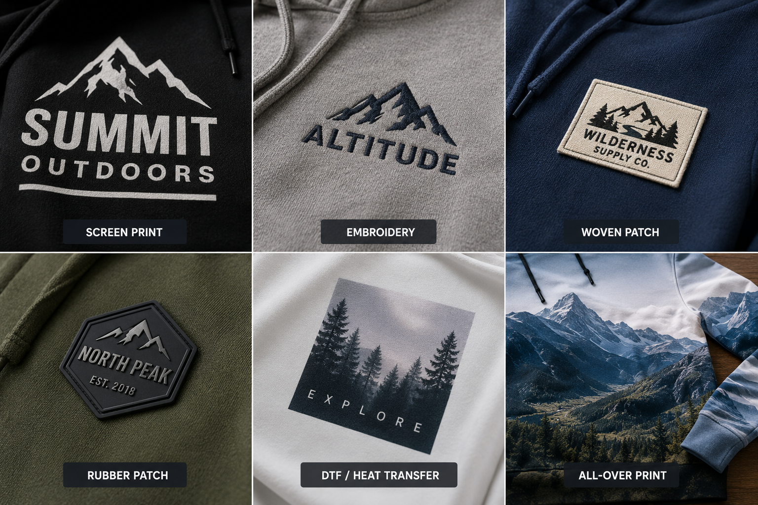 Hoodie logo decoration methods including screen printing, embroidery, patches, and heat transfer