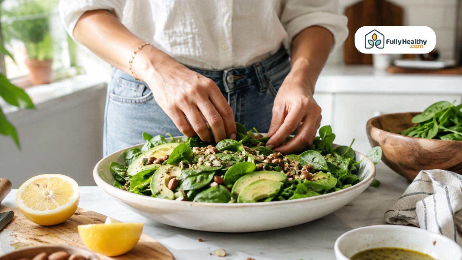 Homemade spinach salad with avocado, nuts, and lemon being prepared in a bright kitchen.