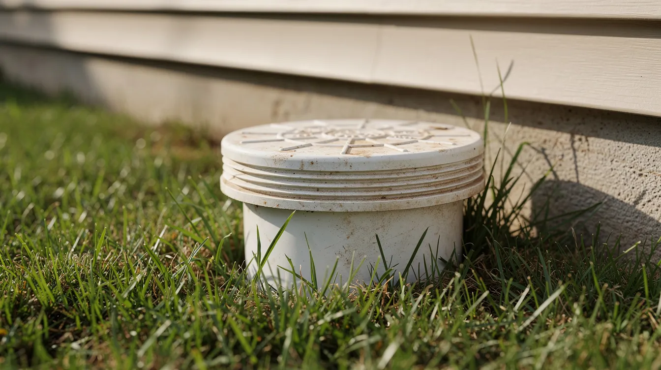 A white PVC sewer cleanout pipe cap is partially visible above the green grass near the foundation of a house, providing direct access to the main sewer line for maintenance and inspection. This capped pipe is essential for preventing sewage backups and ensuring the proper functioning of the plumbing system.