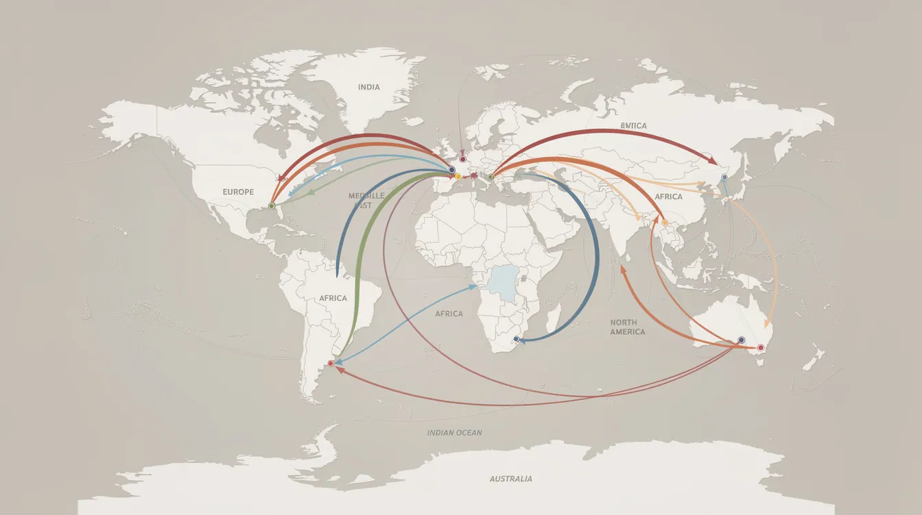 db1d528e 5dfe 48ff 82cf a5556912baa0 The image depicts a world map highlighting shipping route lines that connect India to various continents, illustrating the global trade network for import and export businesses. This visual representation emphasizes the importance of international markets and trade relationships in promoting Indian products, such as spices and textiles, to meet growing global demand.