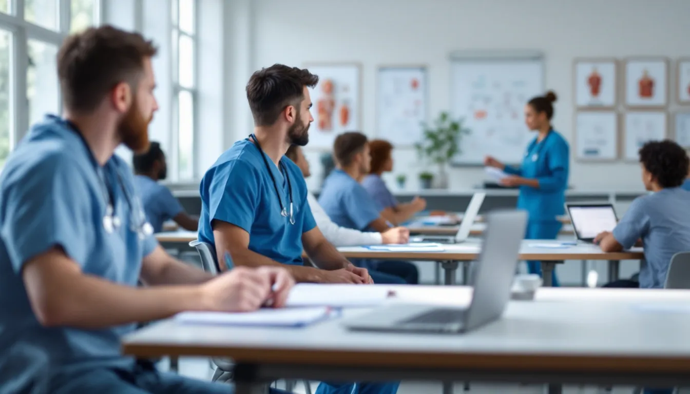 In a healthcare training classroom, students are engaged in learning basic medical terminology and procedures essential for chiropractic practice, preparing them for roles as chiropractic assistants. The environment is focused on patient care, with students discussing treatment plans and administrative tasks related to chiropractic office operations.