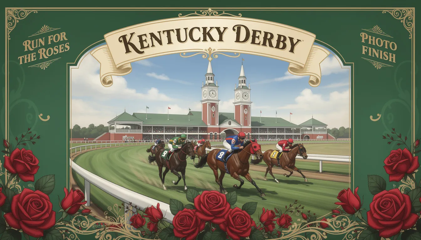 The image features a vibrant Kentucky Derby themed photo backdrop adorned with red roses and floral garlands, creating a festive atmosphere for a derby party. Guests can pose in front of this colorful decor, which includes elements like hats and mint julep glasses, perfect for capturing the excitement of race day.