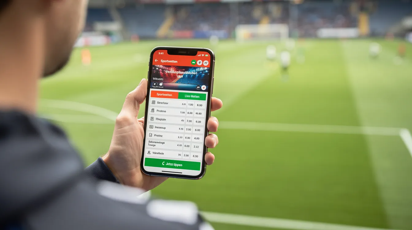 Eine Person hält ein Smartphone in der Hand, auf dem eine Sportwetten-App geöffnet ist, während im Hintergrund ein Fußballfeld zu sehen ist. Diese Szene vermittelt das Gefühl von online wetten und den Möglichkeiten, die Wettanbieter ohne Limit anbieten.