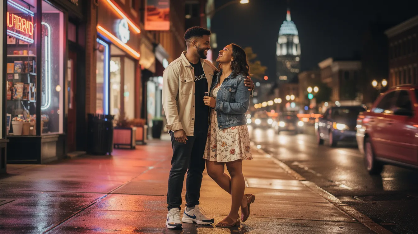 A mixed-race Gen Z couple enjoys a romantic date night in Philadelphia, surrounded by the charming atmosphere of the city. They are seated at a cozy table outside a restaurant, sharing incredible food and drinks while engaging in intimate conversation under the warm lights of the evening.
