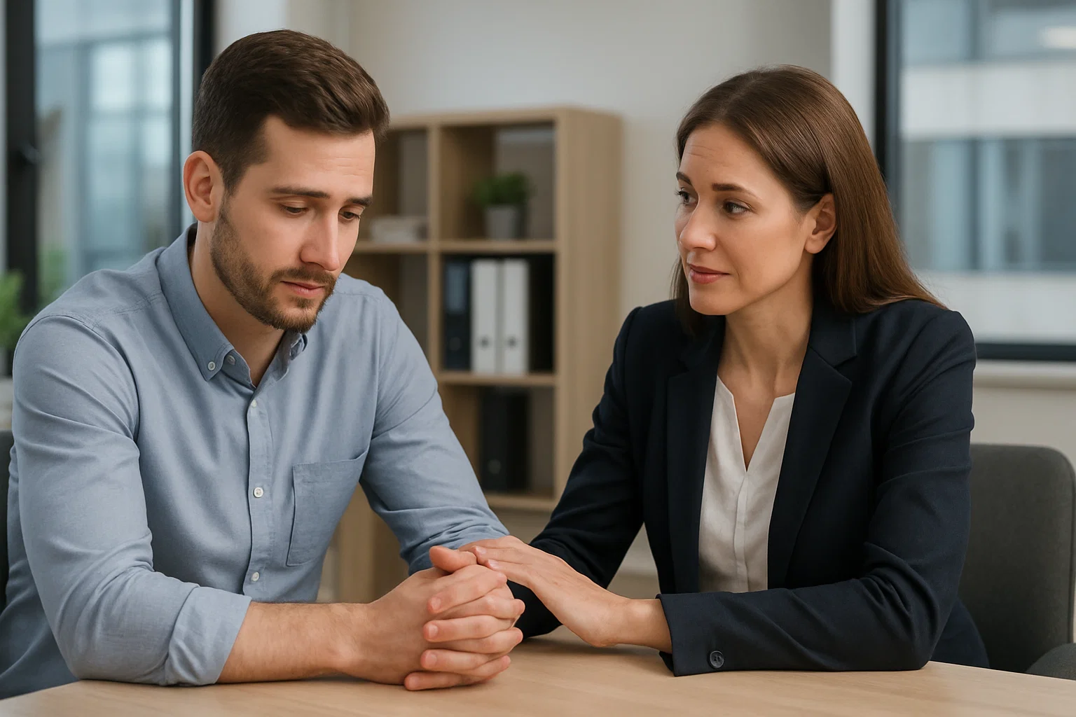 Supportive workplace conversation symbolising whether to disclose an IVA to an employer.