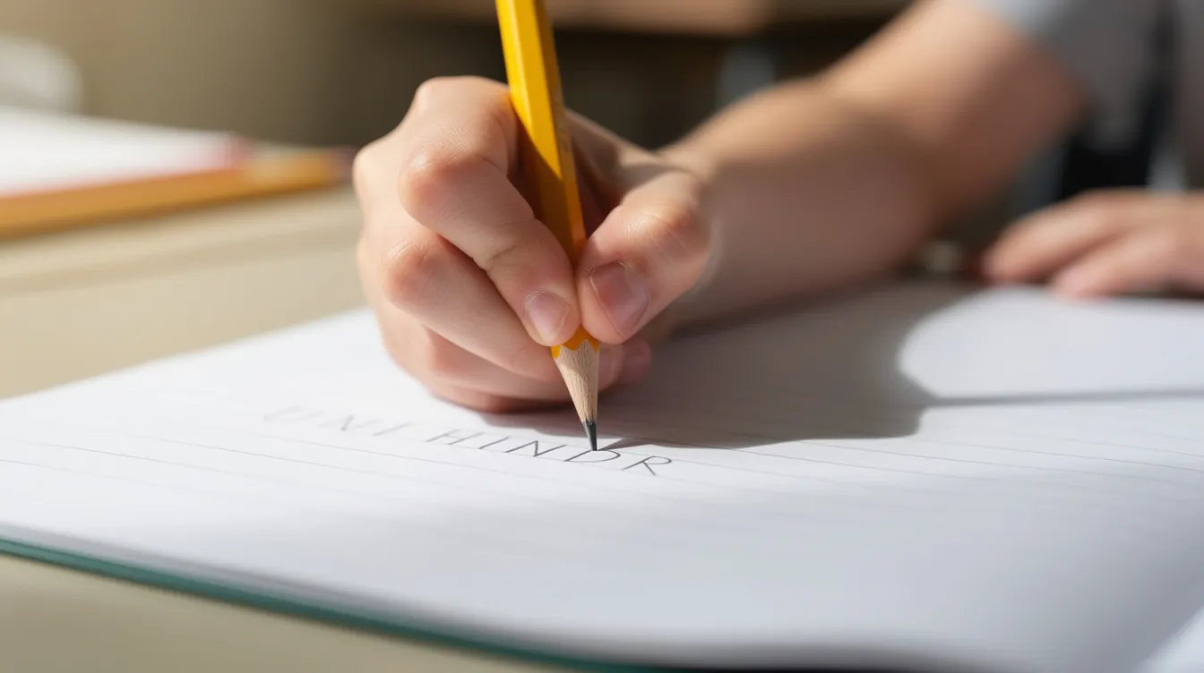 A child's hand grips a pencil, diligently writing in a school notebook, showcasing the fine motor skills involved in completing a writing task. This scene highlights the challenges and efforts of young learners as they develop their written expression and language skills.