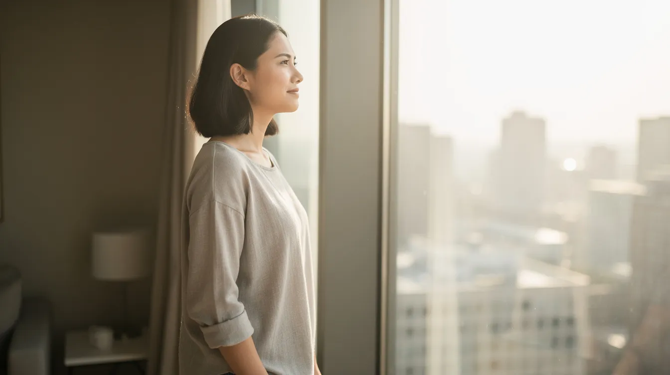 The image shows a confident person standing peacefully at a window, reflecting a sense of self-awareness and personal growth. Their relaxed posture suggests they are taking responsibility for their own needs and boundaries, promoting a healthy mindset and emotional well-being.