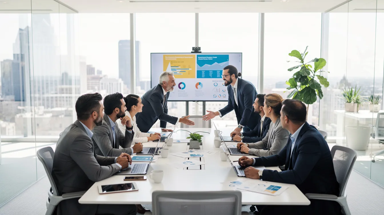 Un groupe de professionnels diversifiés discute autour d'une table de réunion dans un bureau moderne et lumineux, illustrant l'importance du leadership collaboratif et des différents styles de leadership dans la prise de décision en entreprise. Les membres de l'équipe échangent des idées pour atteindre leurs objectifs communs.