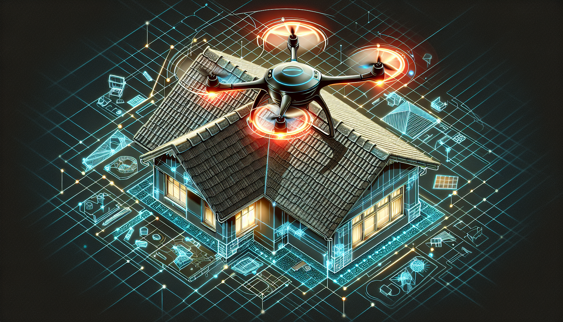 Illustration of a drone flying over a house to measure the roof for a precise estimate