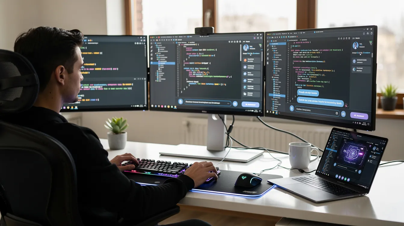 A developer sits at a modern desk with multiple monitors, showcasing various code editors and AI assistant interfaces, highlighting the integration of AI tools in software development. The scene reflects a blend of human-written code and AI-generated code, emphasizing the growing trend of using AI coding tools for productivity gains and enhanced code quality.
