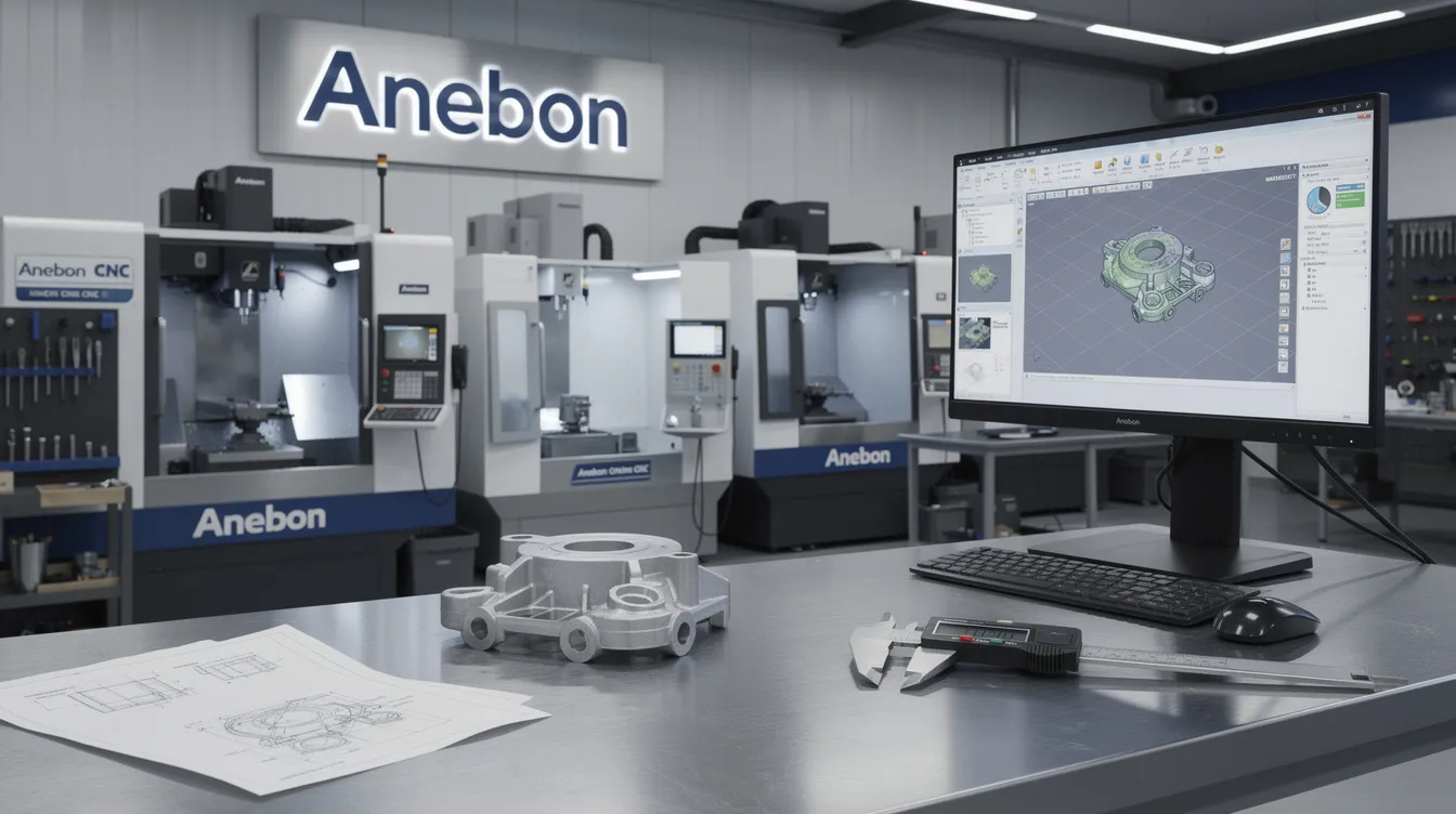 The image showcases the online machine shop services provided by Anebon, highlighting custom CNC machining applications for various materials including stainless steel and aluminum alloys. It features skilled machinists working on CNC machined parts with excellent dimensional stability and superior corrosion resistance, emphasizing the precision and quality of the machining process.