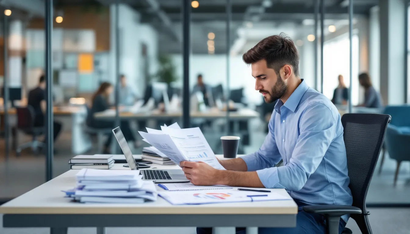Um analista financeiro está concentrado em revisar documentos e planilhas em um escritório, cercado por informações sobre avaliação de empresas e fluxo de caixa. Ele analisa dados que podem influenciar o valor econômico e o valor de mercado de uma empresa, enquanto se prepara para processos de compra e venda.
