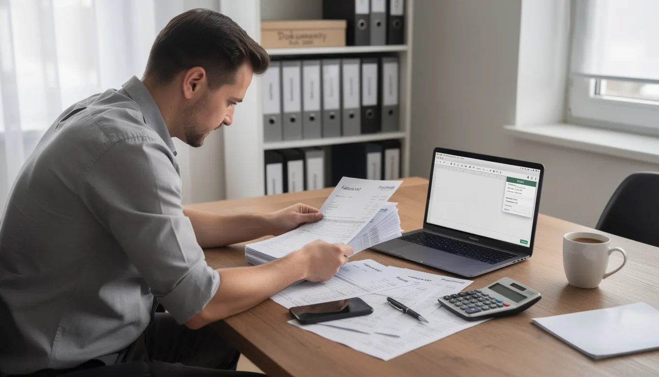 Na obrazku widzimy przedsiębiorcę analizującego faktury przy biurku z laptopem, co sugeruje jego zaangażowanie w zarządzanie płynnością finansową oraz ryzykiem niewypłacalności kontrahentów. W tle można dostrzec dokumenty związane z faktoringiem, co wskazuje na jego zainteresowanie usługami faktoringowymi i uregulowaniem należności.