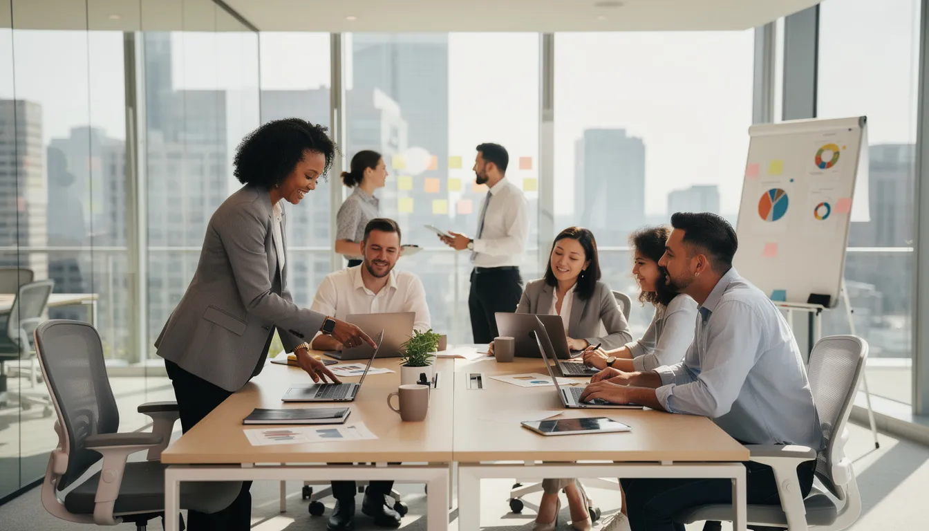 The image shows a diverse group of professionals collaborating in a modern office space, illustrating teamwork and inclusivity. Among them are individuals likely working as immigration consultants, providing guidance on Canadian immigration services and pathways to permanent residency in Canada.