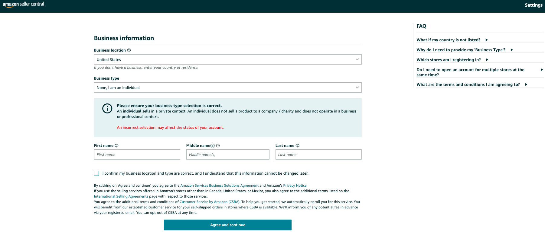 Amazon seller central page to enter business information