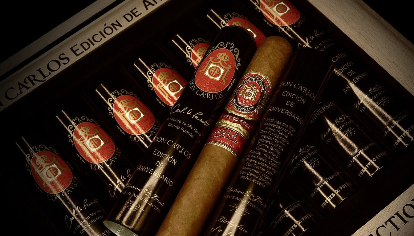 An elegant display of Don Carlos Anniversary Edition cigars.