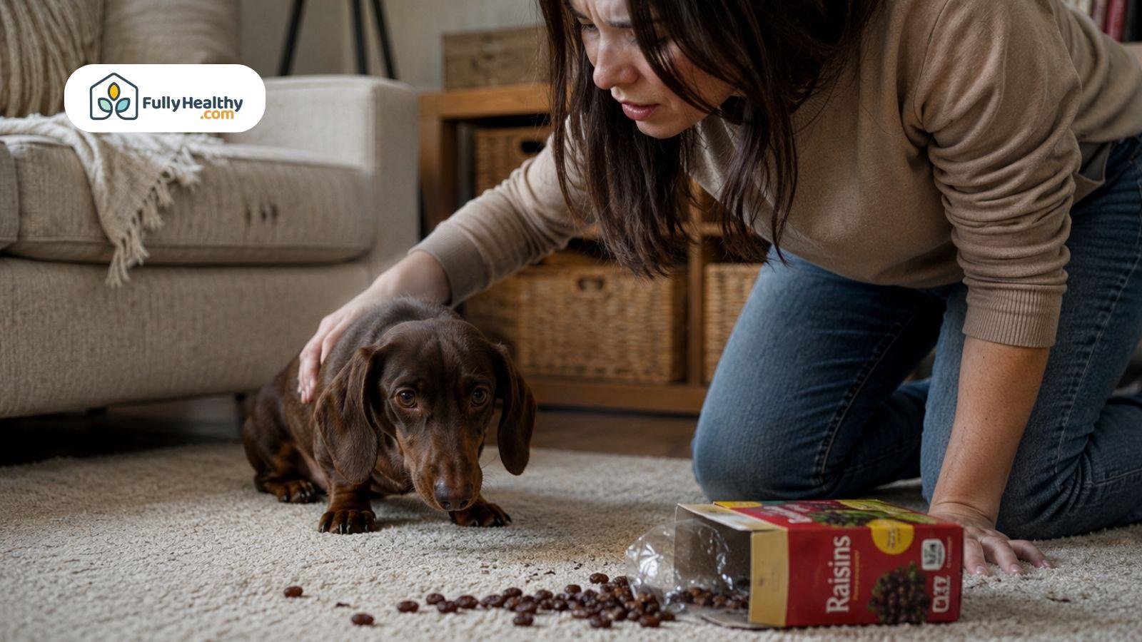 Worried owner kneeling beside a dachshund after spilled raisins scattered across the living room carpet.