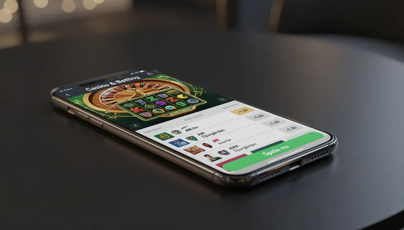 En smartphone visar ett modernt casino- och bettinggränssnitt med olika spelalternativ och insättningsmöjligheter hos Campobet. Användare kan enkelt logga in och ta del av bonusar för nya spelare, inklusive en casino bonus vid första insättningen på minst 100 kr.