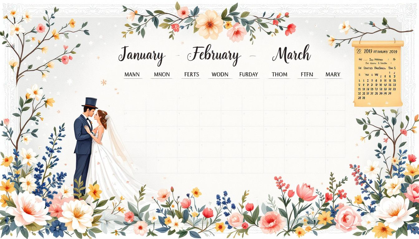 A beautiful wedding date calendar with floral decorations, representing how to plan a wedding.