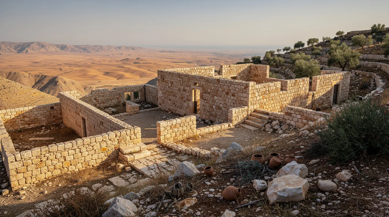 The image depicts ancient stone ruins that rise majestically above a vast desert landscape, reminiscent of the architecture from first-century Galilee, a time when the Herodians held political power under Roman rule. These ruins evoke the historical context of the Jewish people and their religious beliefs during the era of Jesus, as mentioned in the Bible.