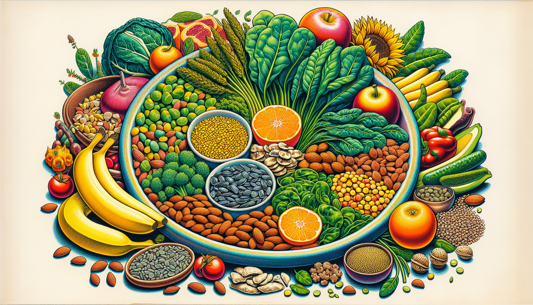 Illustration of a plate with assorted magnesium-rich foods