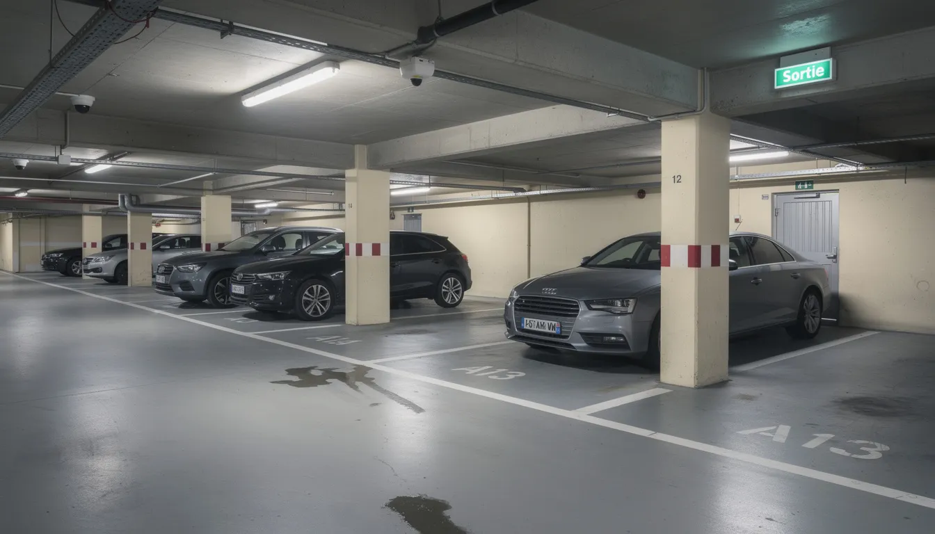 Dans un parking souterrain d'un immeuble parisien, plusieurs places de stationnement sont visibles, dont certaines sont équipées de bornes de recharge pour véhicules électriques. Ces infrastructures permettent aux utilisateurs de recharger facilement leurs voitures électriques tout en garantissant la sécurité et la conformité des installations.