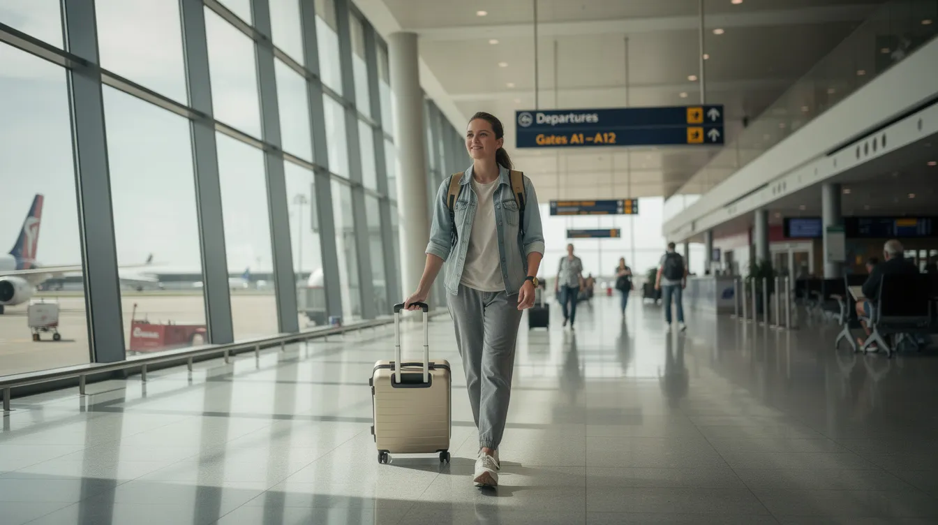 A confident solo traveler strides through an airport terminal, pulling a small carry-on roller suitcase designed for packing light. The traveler is dressed in versatile pieces that suggest a well-planned travel wardrobe, perfect for creating multiple outfits on their trip.