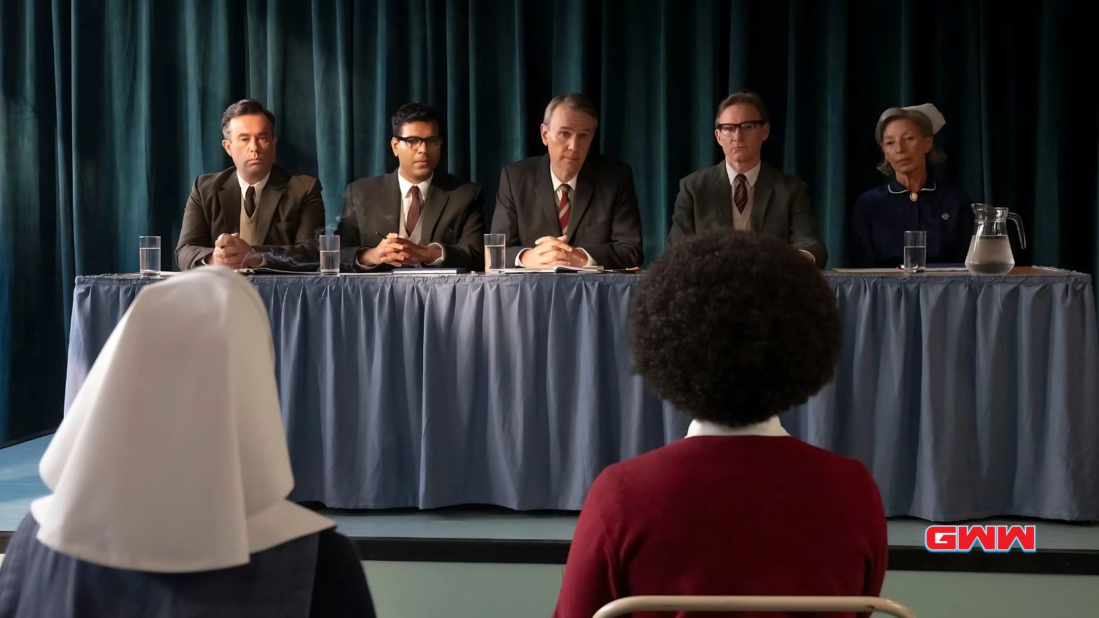 Renee Bailey as Joyce Highland and Jenny Agutter as Sister Julienne in disciplinary hearing in Call the Midwife Season 14