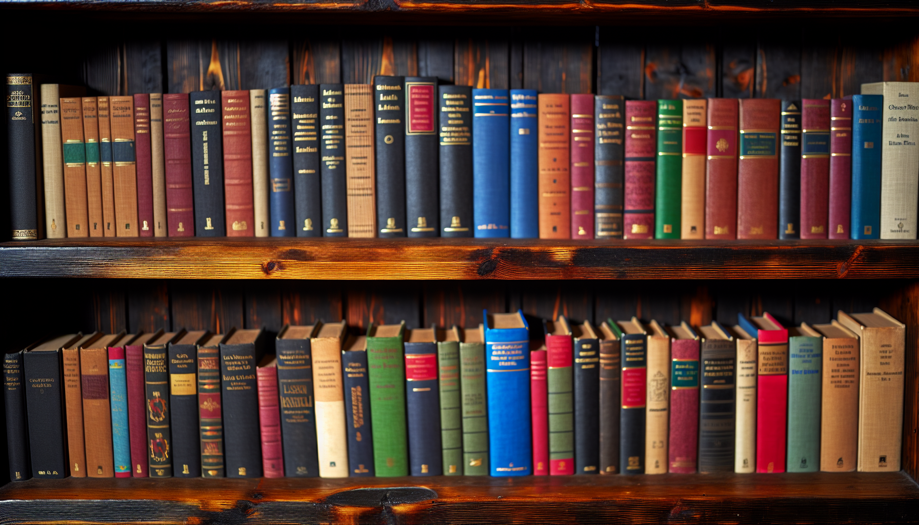 A collection of classic books displayed on a wooden shelf