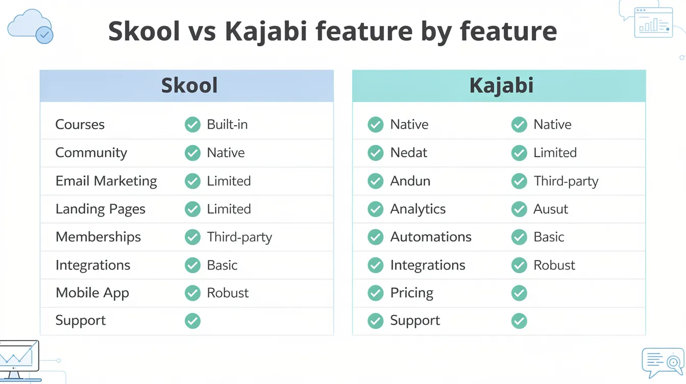 The image compares Skool and Kajabi feature by feature, highlighting their capabilities for online courses, community engagement, and marketing tools. It illustrates the differences between these platforms, emphasizing aspects like community features, course creation, and whether they offer an all-in-one solution or require separate tools.