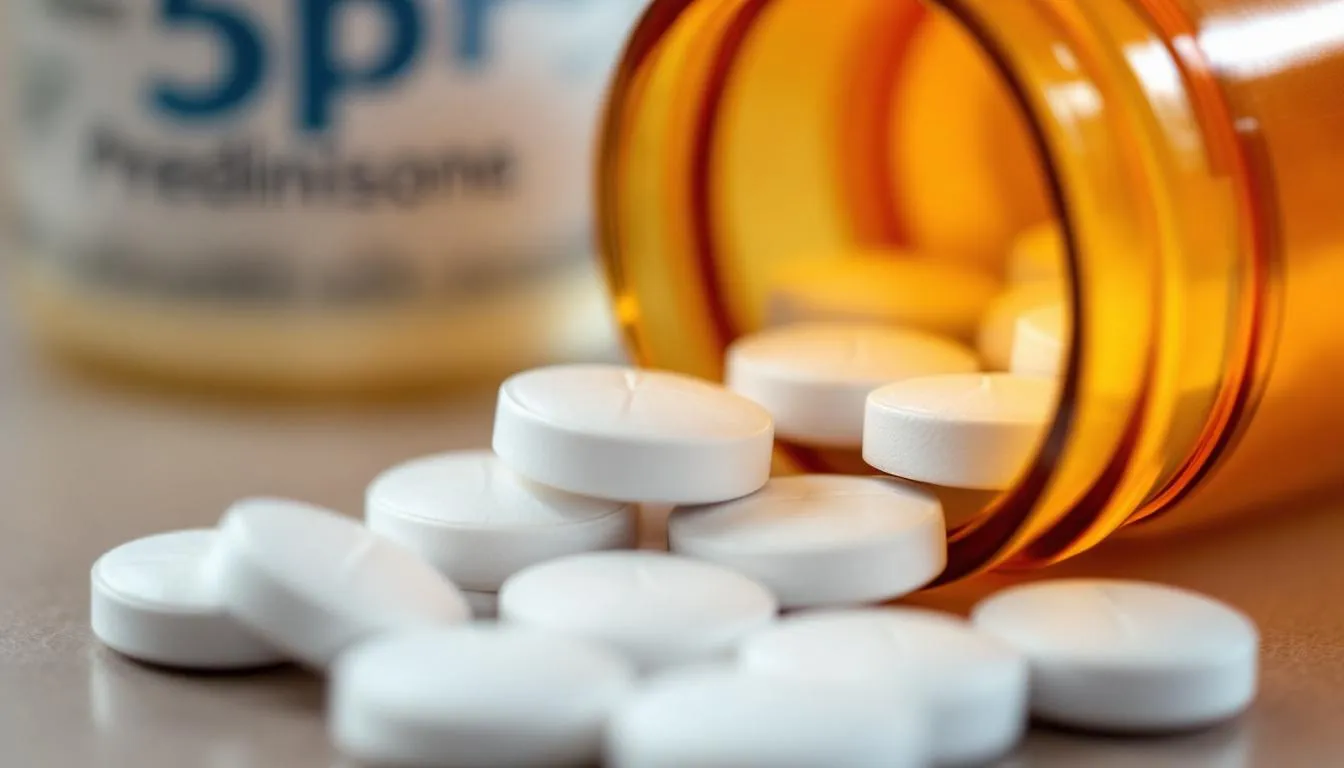 A close-up image shows white prednisone tablets inside a medicine bottle, highlighting their use as a corticosteroid medication for treating various health conditions such as inflammatory bowel disease and rheumatoid arthritis. The prescription label indicates the importance of consulting a healthcare provider regarding potential side effects and interactions with other medications.
