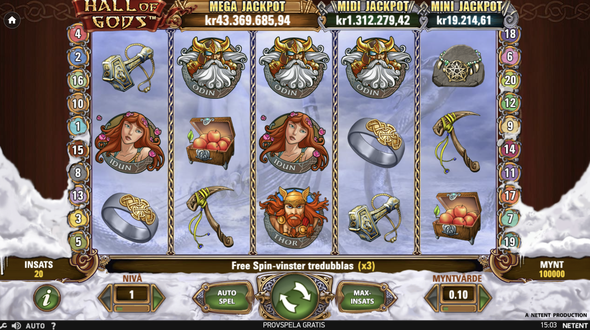 Hall of Gods jackpot slot med progressiva jackpottar där spelares insatser bygger upp jackpotten och ger chans att vinna stora belopp och miljontals kronor i populära casino slots online.