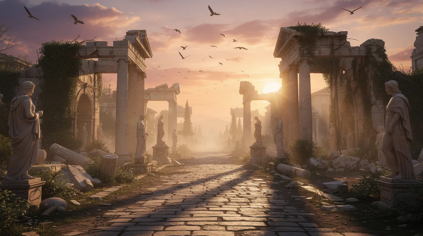 The image depicts the ruins of an ancient city bathed in the warm glow of sunset, with birds soaring gracefully overhead. This serene scene evokes a sense of reflection on the past, as if inviting the viewer to consider the spiritual oppression faced by those who once inhabited this land.