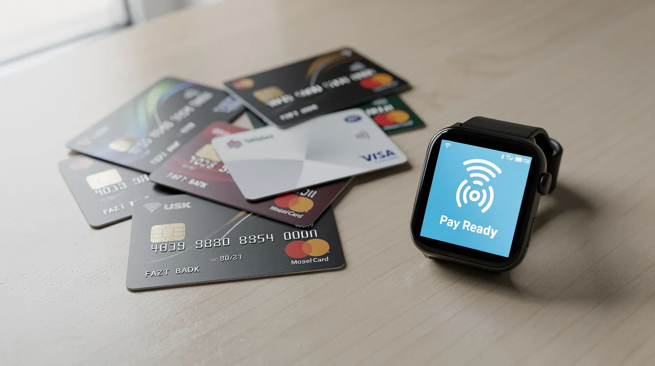 The image features a variety of payment cards spread out on a table, alongside a smartwatch displaying a contactless payment screen, illustrating modern payment methods and the convenience of accepting payments through digital devices. This setup highlights the evolution of payment processing solutions that cater to both online businesses and local payment options.