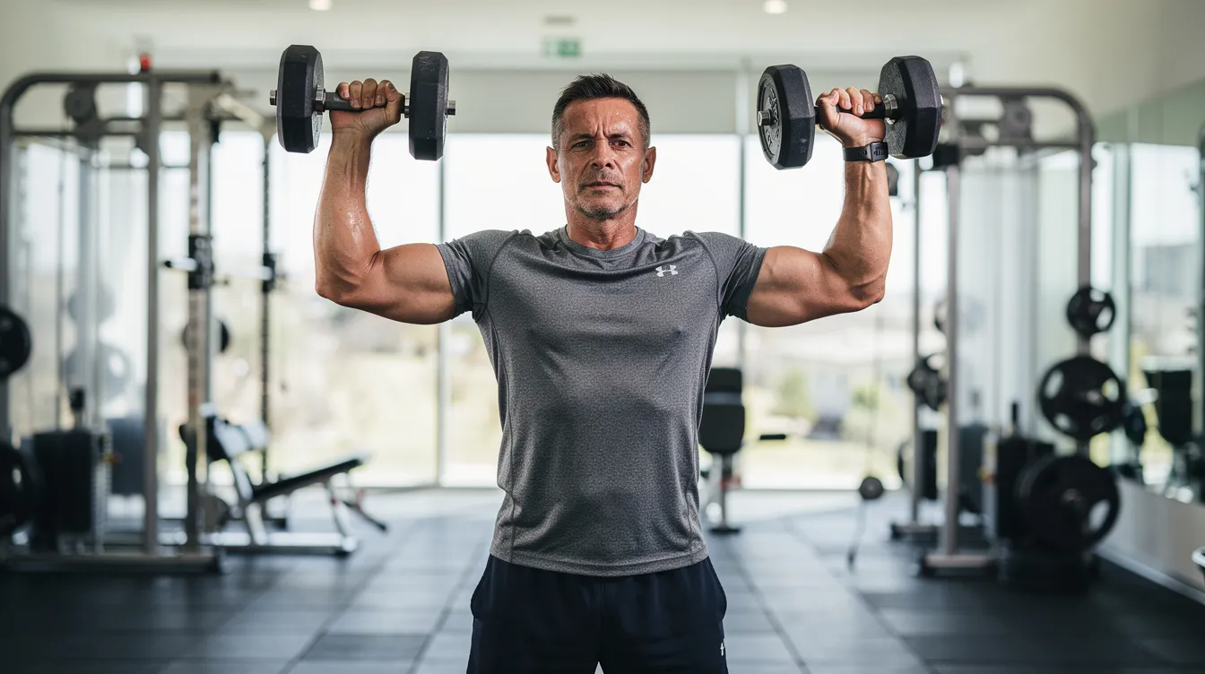 The image shows a middle-aged man lifting weights in a well-lit gym, focusing on his exercise routine to maintain a healthy weight and reduce excess fat in his chest area. This scene highlights the importance of fitness in managing conditions like gynecomastia and promoting overall well-being.