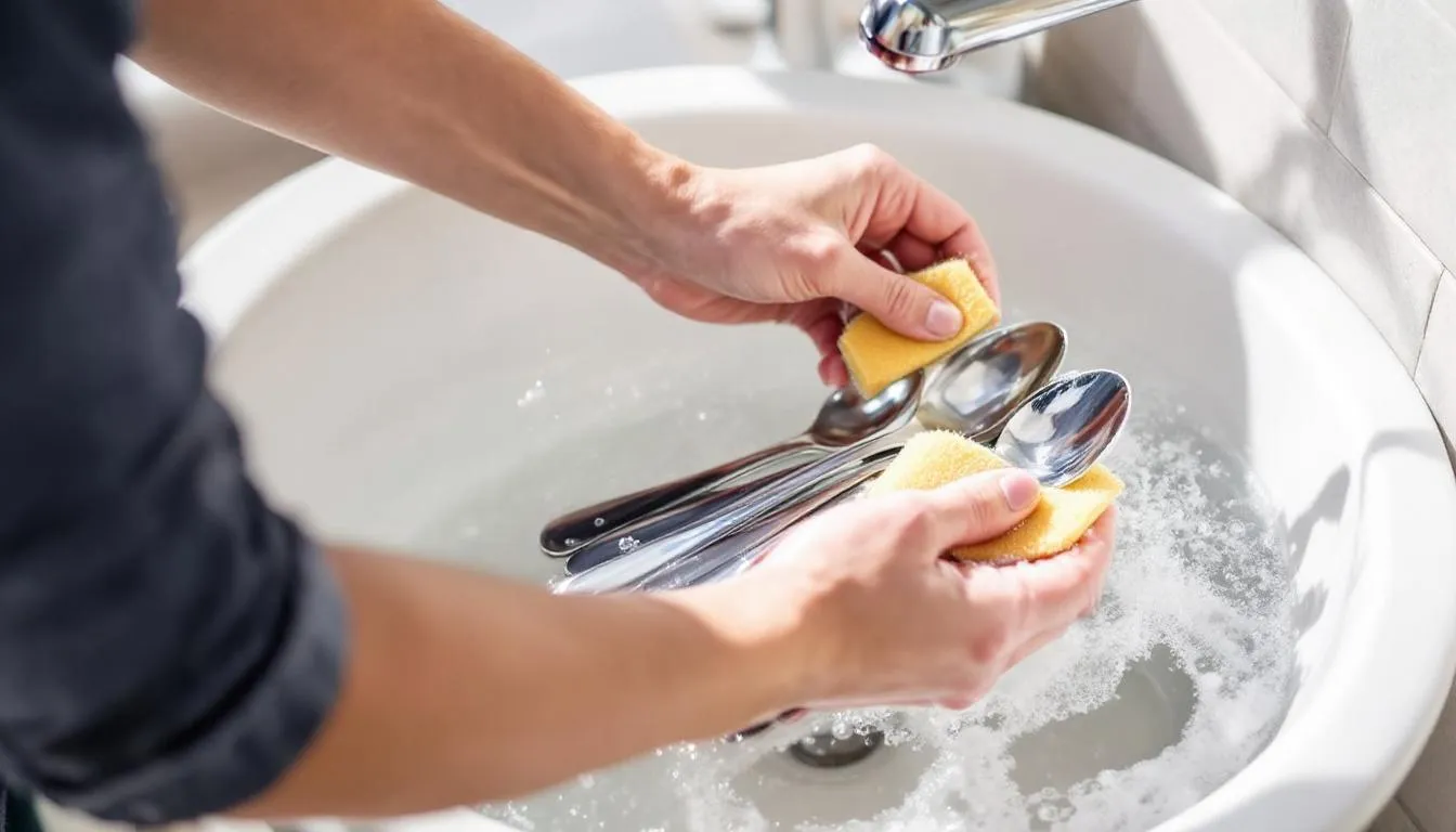In the image, a pair of hands is seen washing durable plastic spoons in soapy water, demonstrating proper cleaning techniques for reusable tableware. The scene emphasizes the importance of maintaining hygiene for items like soup spoons and iced tea spoons used in dining and cooking.